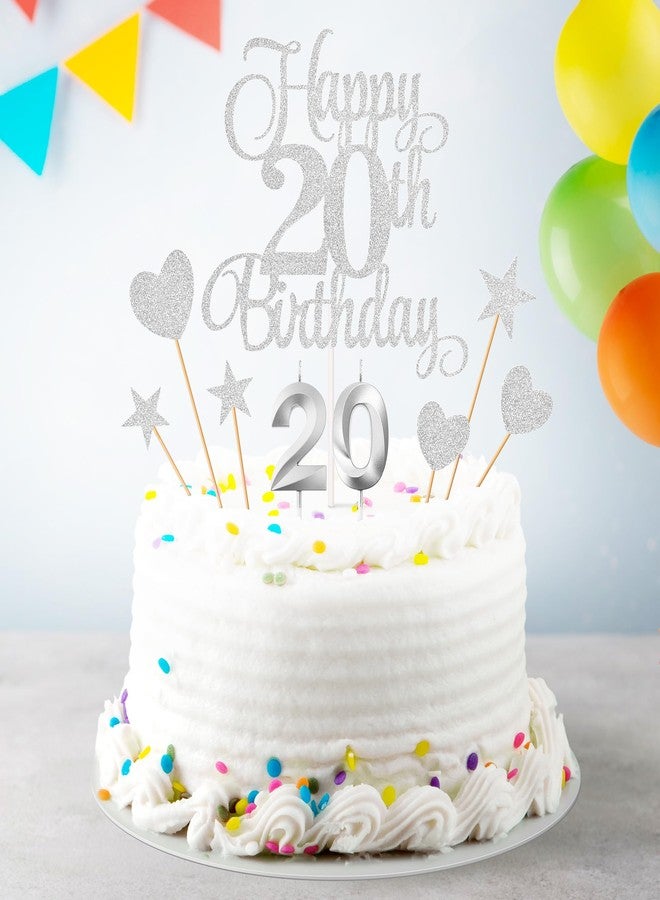 Lecferrarc 20th Birthday Cake Decorations, 20th Birthday Candles Cake Numeral Candles and Glitter Happy 20th Birthday Cake Toppers Set for Birthday Party Supplies (Silver) - Image 4